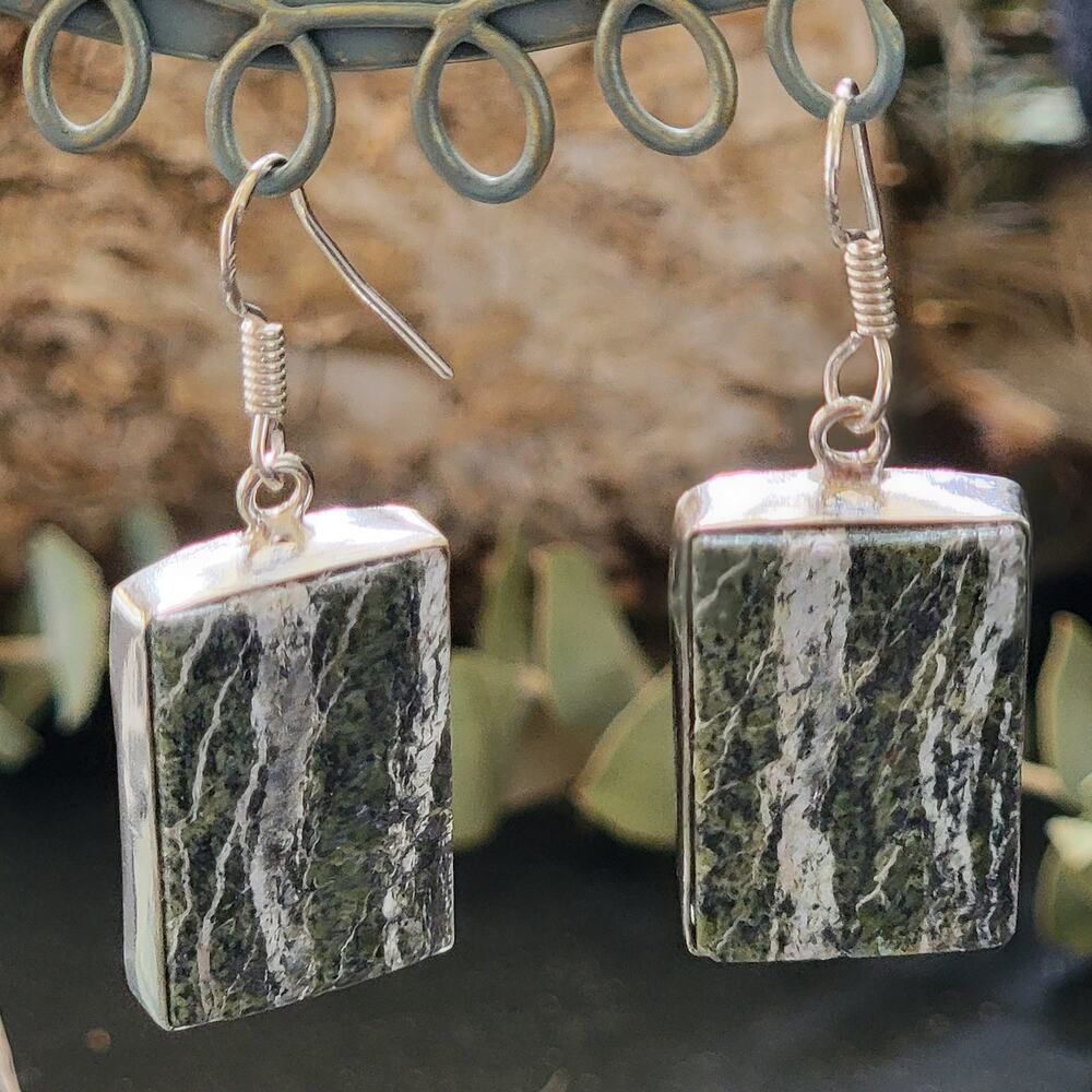 Green Moss Agate Sterling Silver Dangle Earrings, 1.13 Inch